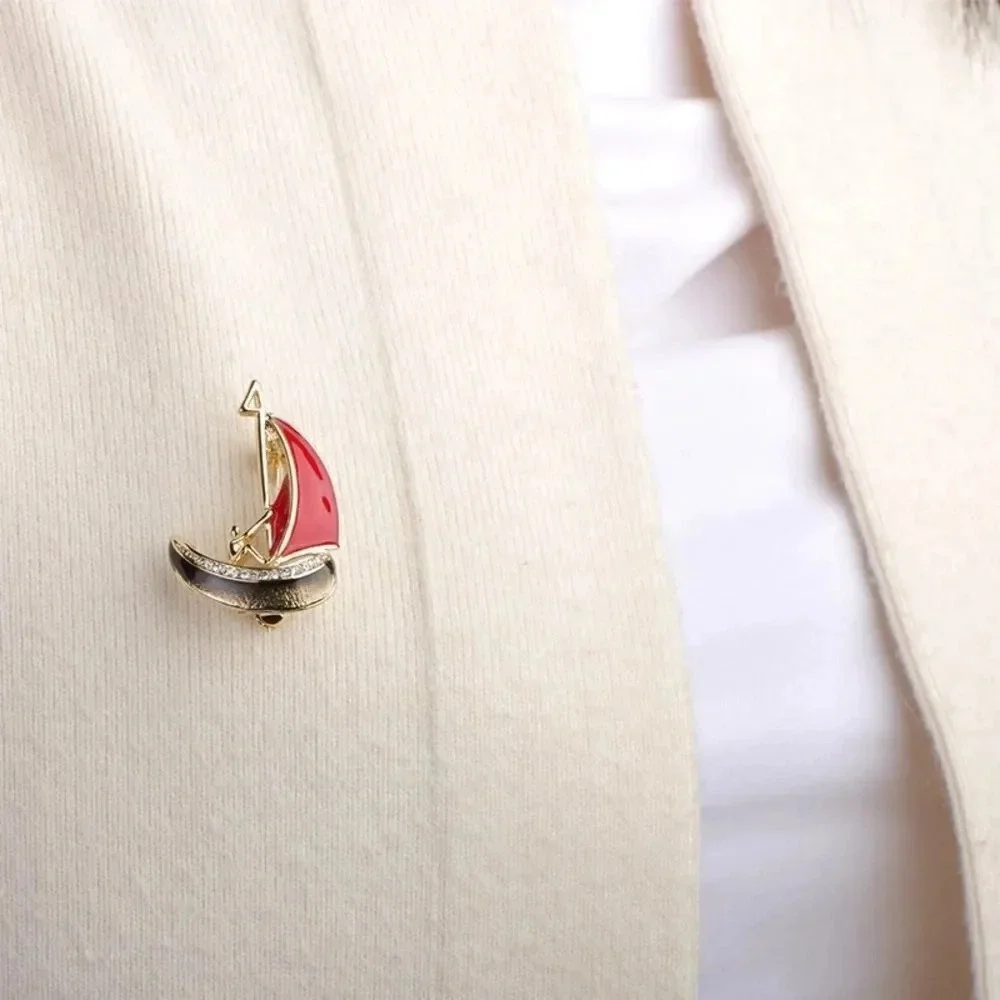 VQ Black Red Enamel Boat & Man Brooch